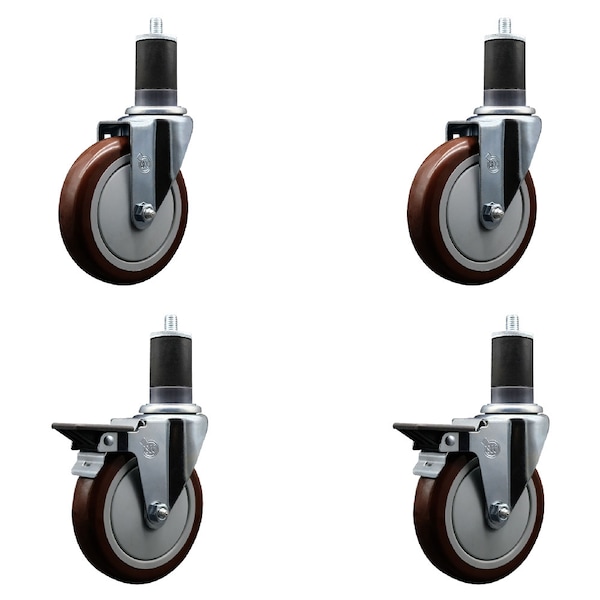 Service Caster 5'' Maroon Poly Wheel Swivel 1-5/8'' Expanding Stem Caster Set 2 Brakes, 4PK SCC-EX20S514-PPUB-MRN-2-PLB-2-158 - main